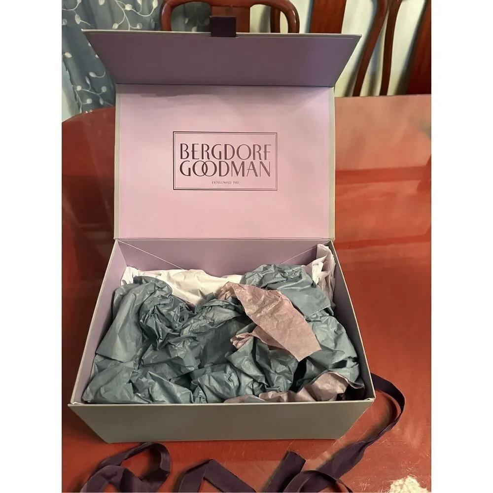 Bergdorf Goodman‎ lavender magnetic gift box with tissue paper & ribbon.
